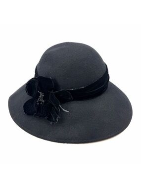 Vintage Importina Black Wide Brim Cloche Hat Flower Detail - 100% Wool